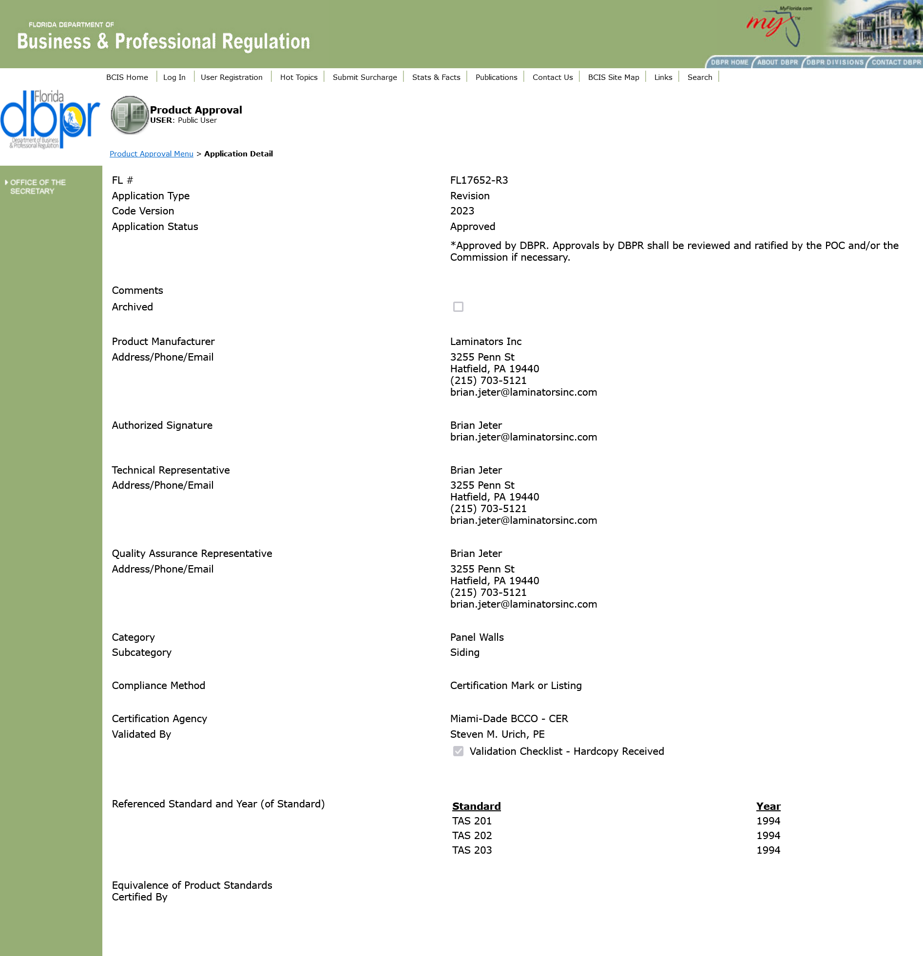 Florida Product Approval (FL17652R3) Laminators Inc.